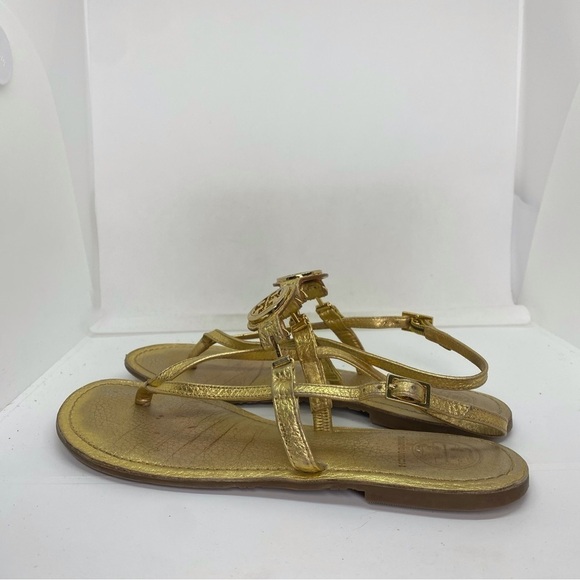 Tory Burch Ali Gold Leather Logo Thong Sandals - Picture 3 of 7